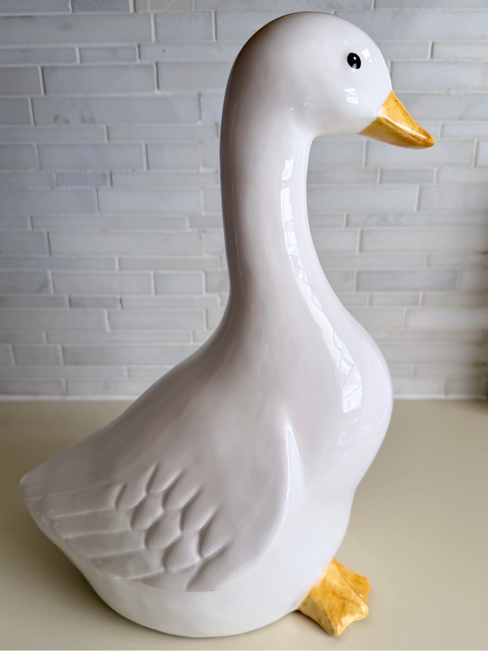 Vintage Large Ceramic Goose Figurine 12” White Yellow Cottagecore Country Decor